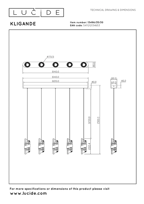 Lucide KLIGANDE - Hanglamp - LED Dimb. - 5x7,8W 2700K - Zwart - technisch
